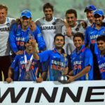 ndian cricketers pose with trophy after winning ODI series