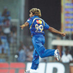 Lasith Malinga celebrates the wicket of  Somerset' Peter Trego