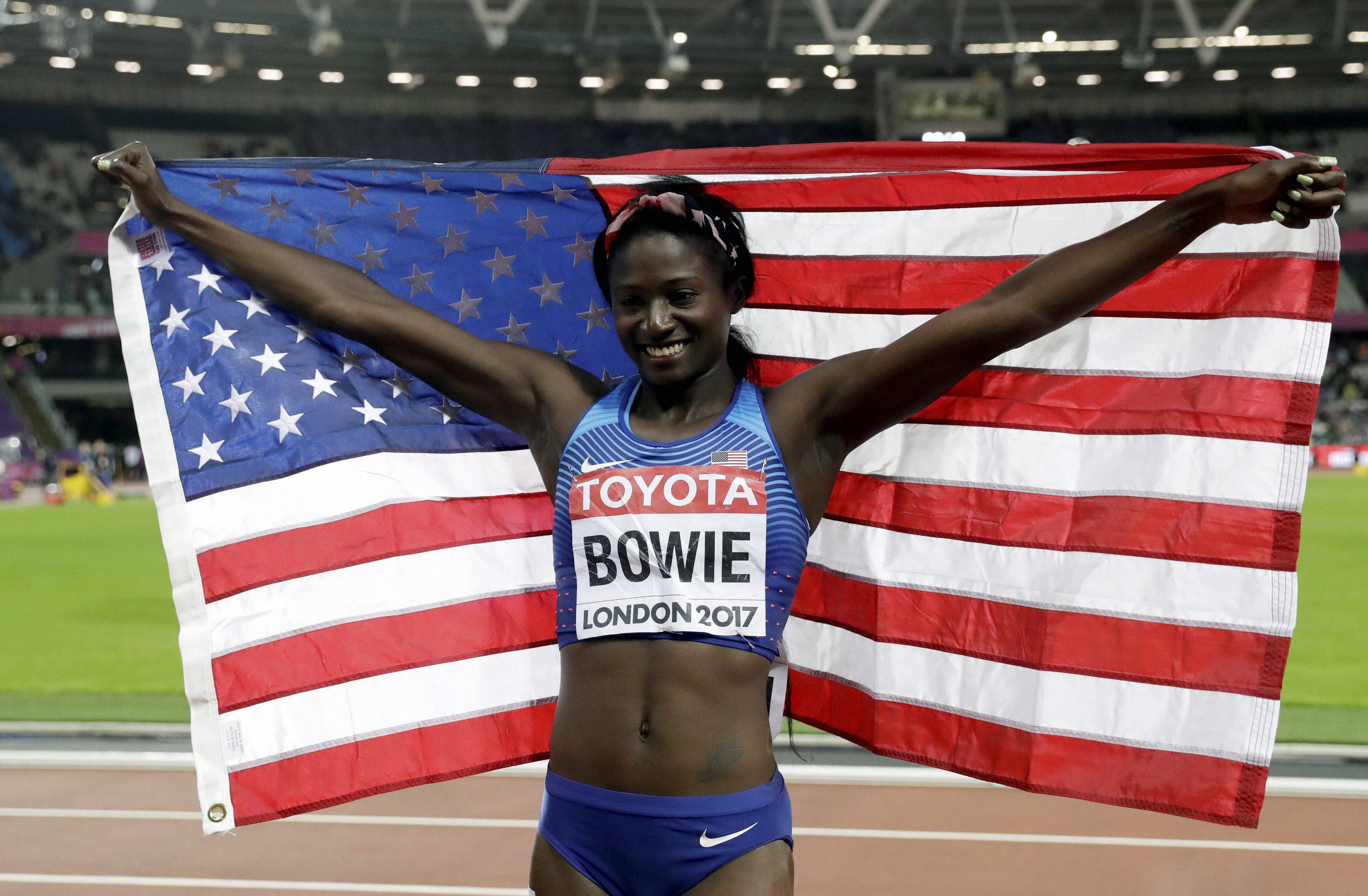 Tori Bowie wins gold in the women's 100m final during the World