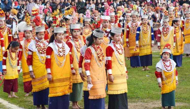 Khasi girls and children in traditional attire participate in the ...