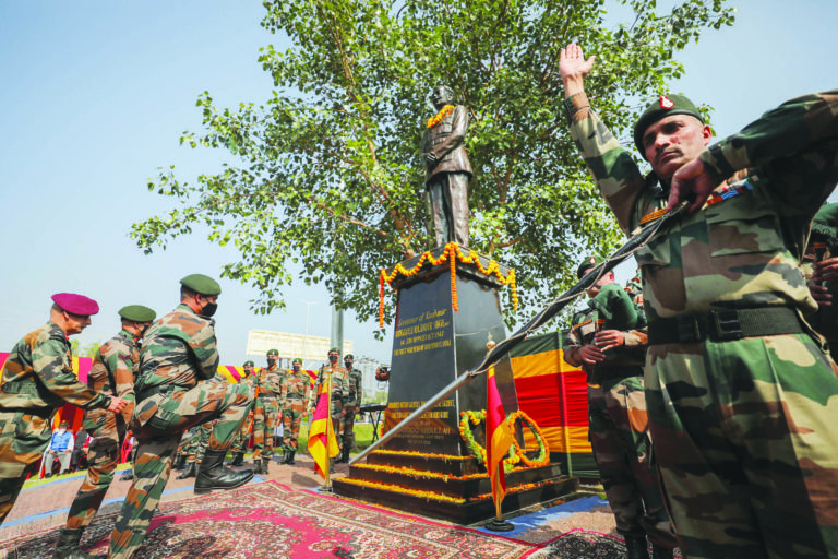 Army officials pay homage to Brigadier Rajinder Singh on the ‘Accession Day’.