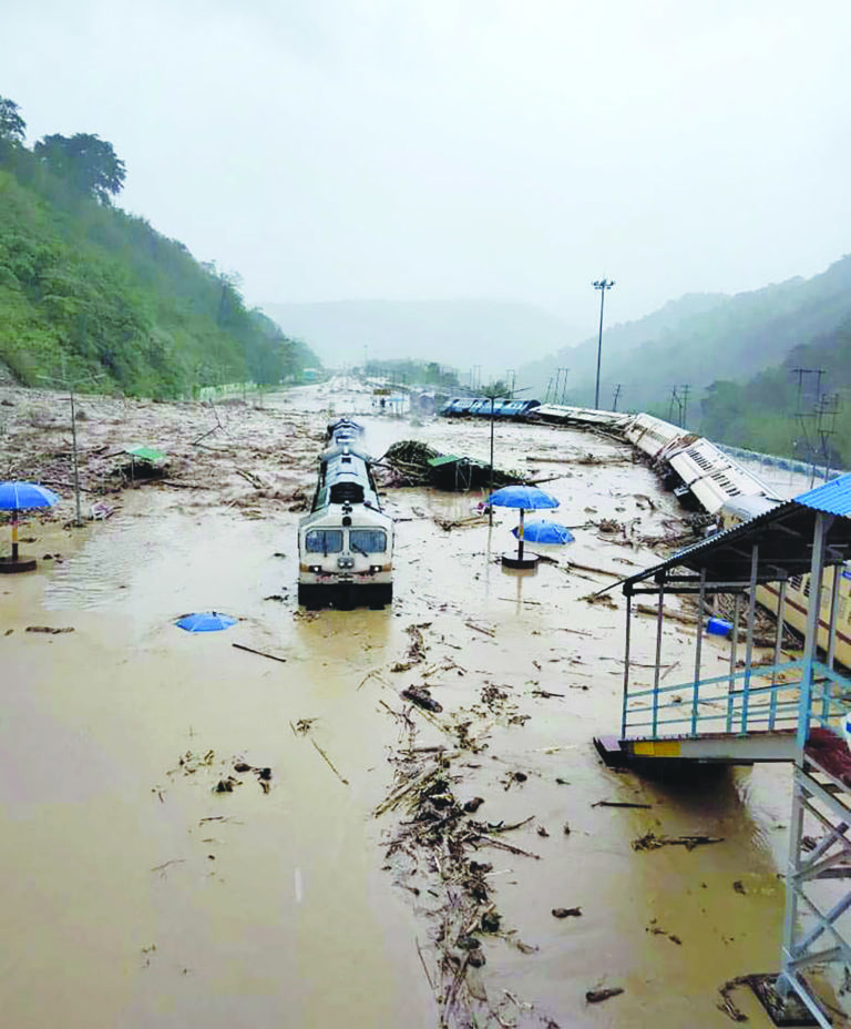 A view of the damaged New Haflong railway station on the Lumding-Silchar route following a massive landslide.