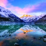 New Zealand, South Island, view of Mount Cook with Hooker Lake in the foreground and Hooker Glacier in the distance.