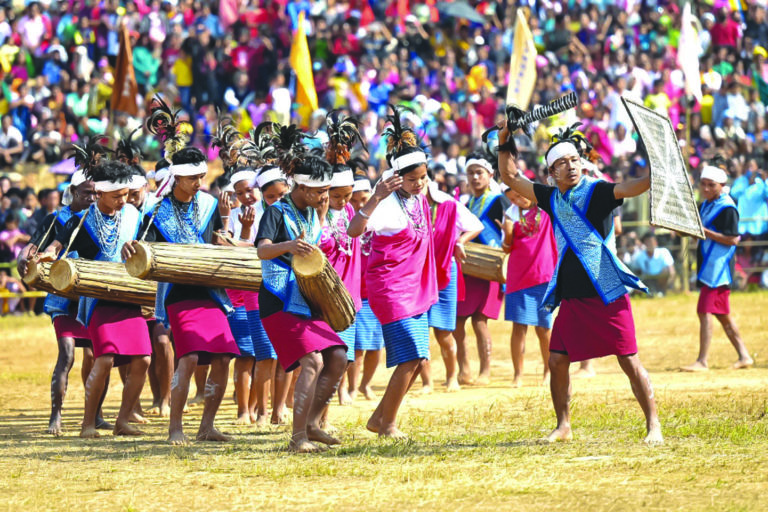 A dance troupe performs on the final day of the 46th 100 Drums Wangala Festival at the A’chik Heritage Village in Chibragre.