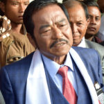 Former Home Minister HDR Lyngdoh speaking to media persons after his file nomination paper for Assembly election 2023  at DC office .   (Photo by Sanjib Bhattacharjee).