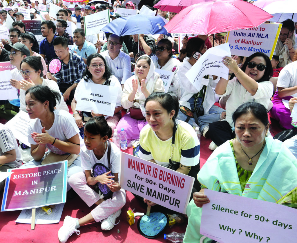 Meitei people and supporters during a protest organised by the Delhi ...